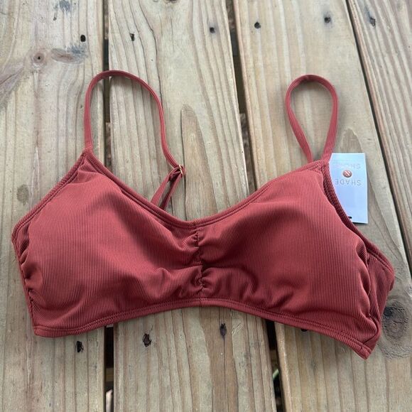 *NWT Shade & Shore Large (12-14) Brown Shirred Ribbed Bikini Swim Bralette Top - Picture 2 of 6